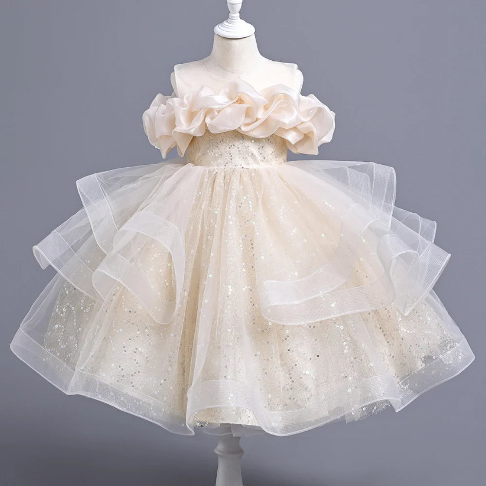 New Girl's Wedding Evening Dress Petal Sequin Mesh Sleeveless Dress Birthday Party School Graduation Party Dress Good Vibrations