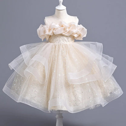 New Girl's Wedding Evening Dress Petal Sequin Mesh Sleeveless Dress Birthday Party School Graduation Party Dress Good Vibrations