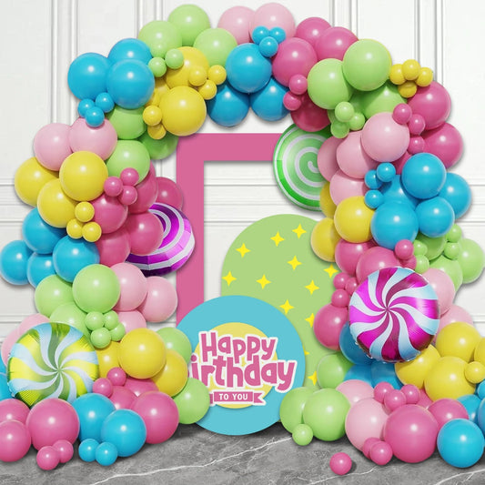 Sweet Candy Party Decoration 106 Pieces Candy Balloon Garland Set Light Pink Purple Blue Latex Balloon with Lollipop Candy Aluminum Foil Balloon for Rainbow Birthday Candy Wedding Party Decoration Good Vibrations