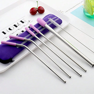 7pcs Eco-Friendly Stainless Steel Straw Set With Silicone Tips, Cleaning Brush & Storage Bag - Reusable Drinking Accessories