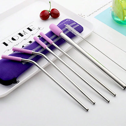 7pcs Eco-Friendly Stainless Steel Straw Set With Silicone Tips, Cleaning Brush & Storage Bag - Reusable Drinking Accessories Good Vibrations