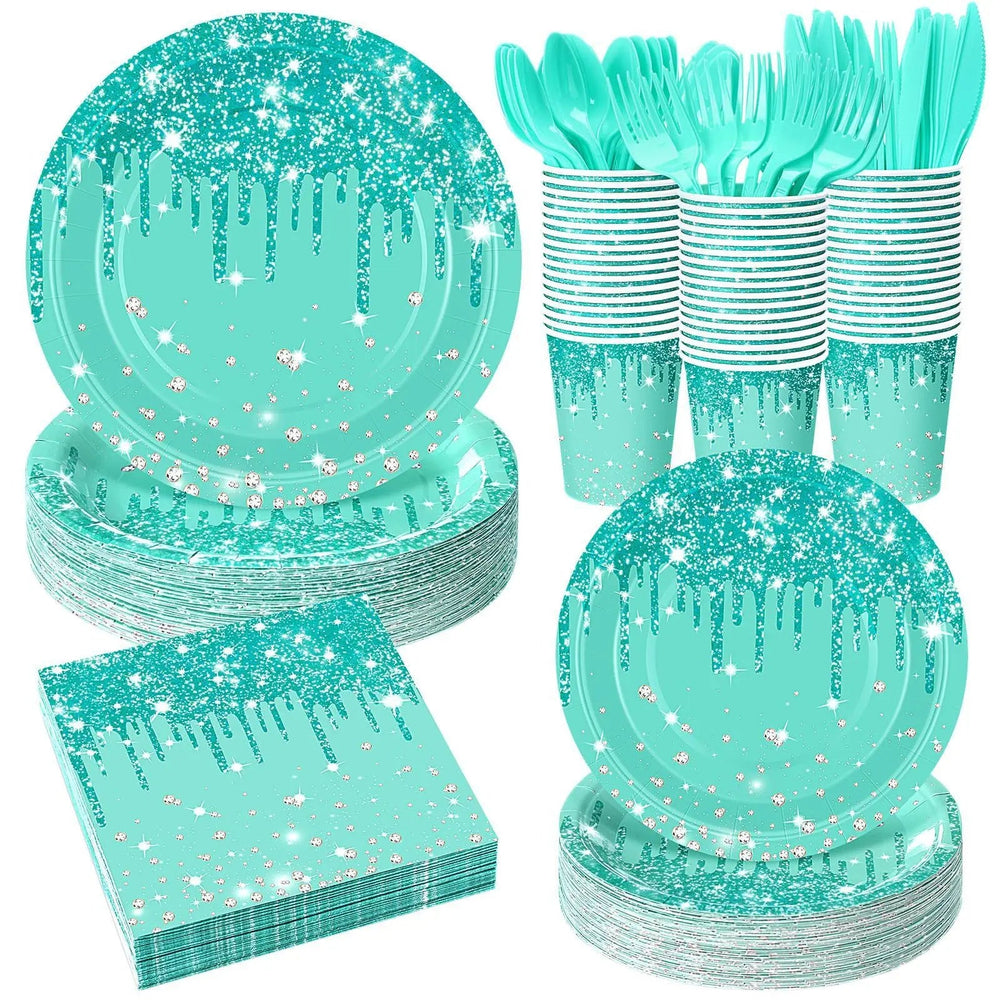 25PCS Paper Disposable Tableware Set Blue Green Glitter Plates Napkins & Cups for Ladies Birthday, Anniversary & Wedding Party Good Vibrations