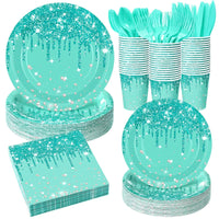 25PCS Paper Disposable Tableware Set Blue Green Glitter Plates Napkins & Cups for Ladies Birthday, Anniversary & Wedding Party Good Vibrations