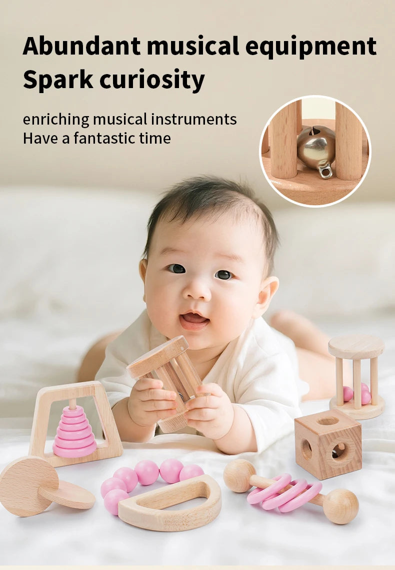 Montessori Wooden Toys Colorful Baby Rattle Set Safe Food Grade Wood Rattle Soother Bracelet Set Toddler Toy Bell Gift Good Vibrations