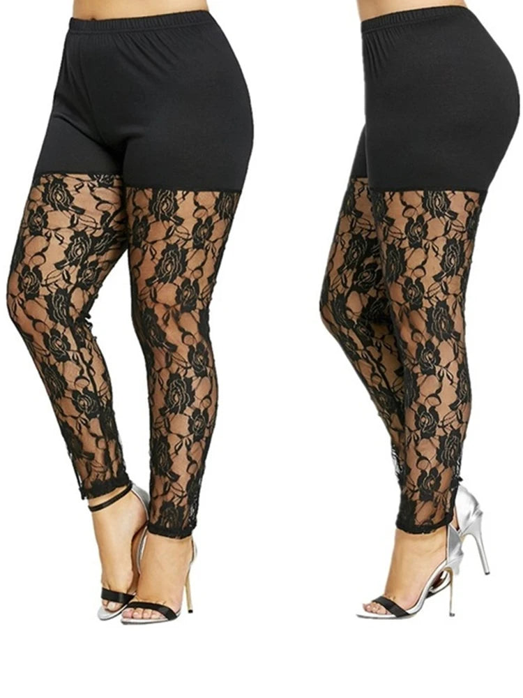 Size 4XL Leggings for Women High Waist Pencil Pants Skinny Lace Hollow Out  Floral Tight Trouser Casual Women Homewear Good Vibrations