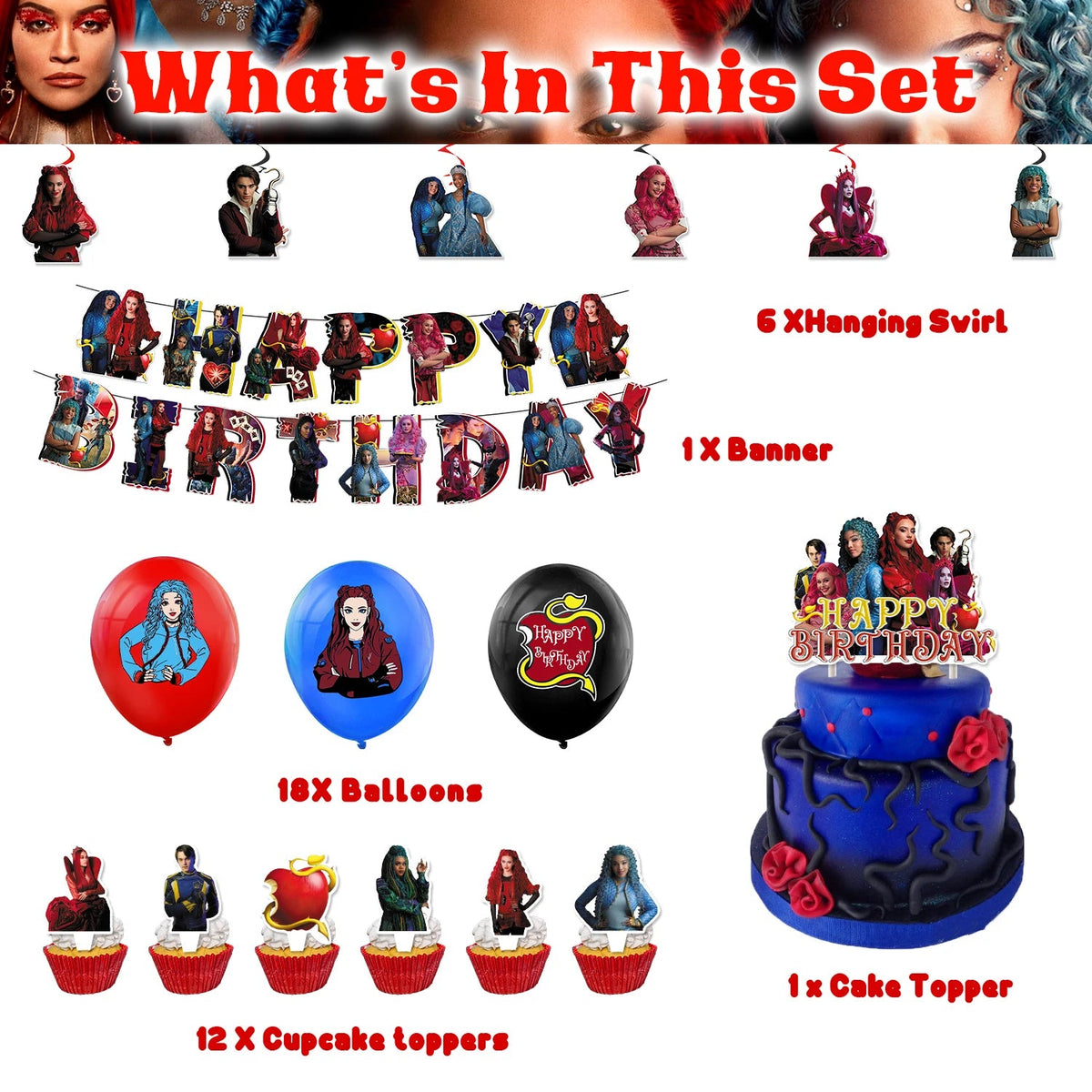 Descendant Birthday Party Decorations Includes Banner, Cake Topper, Hanging Swirl and Balloon Perfect for Rise Red Party Favors Good Vibrations