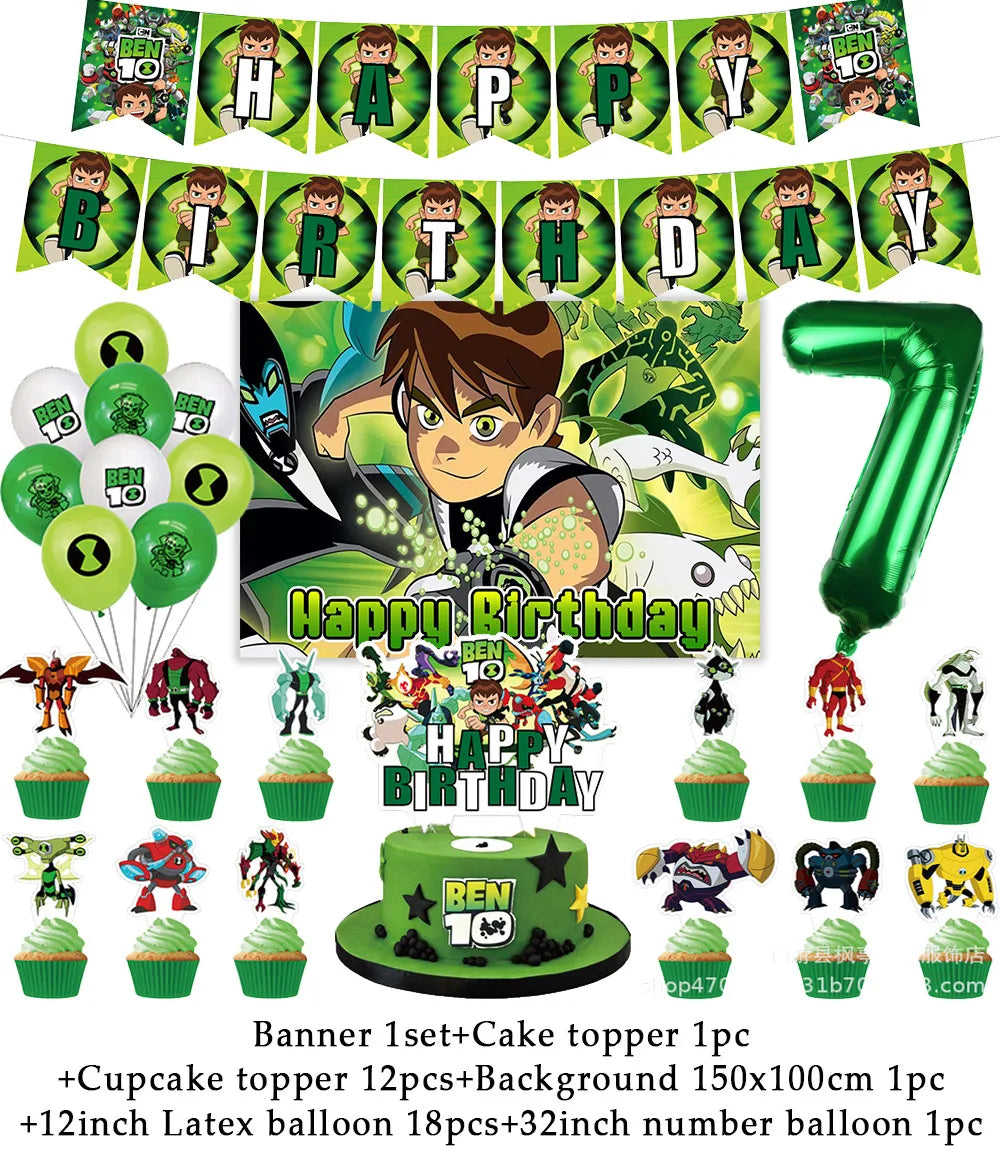 Cartoon Ben-10 Birthday Party Decoration Balloons Favor Set Banner Cake Toppers Baby Shower Boys Gift Party Supplies Photo Prop Good Vibrations