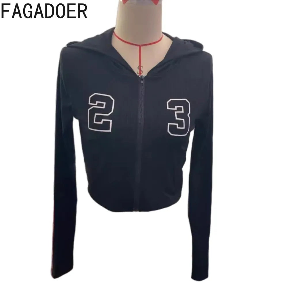 FAGADOER Letter Print Casual 2 Piece Sets Outfit Black Long Sleeve Zip Crop Top and Leggings Suit Sporty Jogger Street Wear Fall Good Vibrations