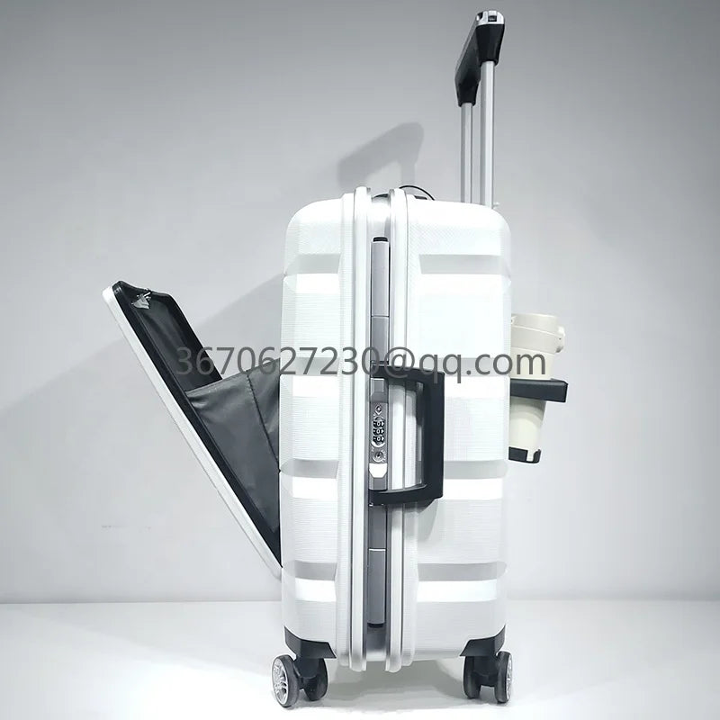 Travel Durable PP Trolley Suitcase Rolling Hard Shell Spinner Luggage Set with Front Opening Laptop Mobile Cup Holder Good Vibrations