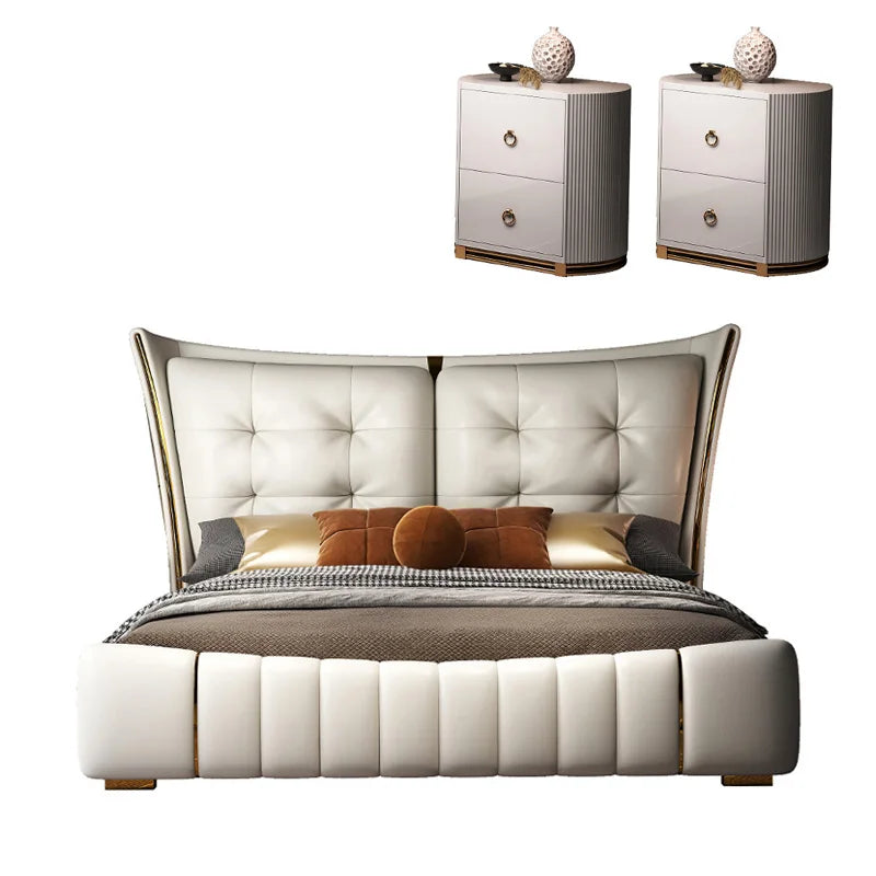 Light Luxury Leather King/Queen Bed Modern Soft Package Bed and Bedside Table for Bedroom Wedding Bed Solid Wood Bed Frame Good Vibrations
