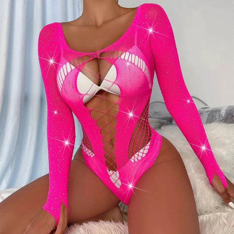 Women sexy rhinestone fishnet long sleeve bodysuit, hollow shiny diamond design.