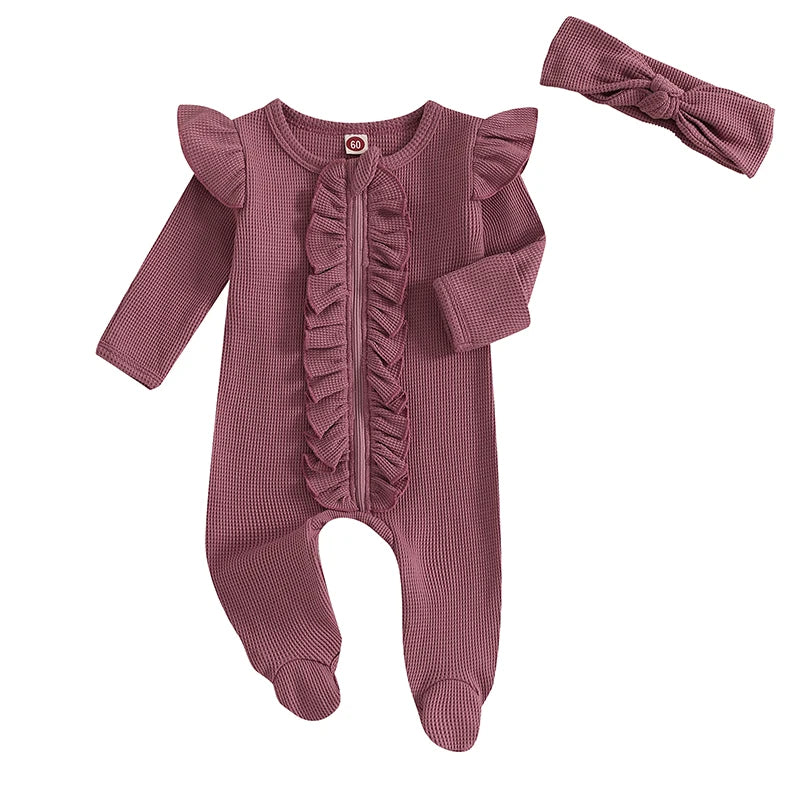 Spring Autumn Baby Toddler Girls Jumpsuit Infant Newborn Baby Girls Long Sleeve Crew Neck Ruffles Footies Rompers Baby Clothes Good Vibrations