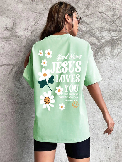 Good News Jesus Loves You Print Women T-Shirt Summer O-Neck T Shirts Basic All-Match Short Sleeve Breathable Comfortable Tops Good Vibrations