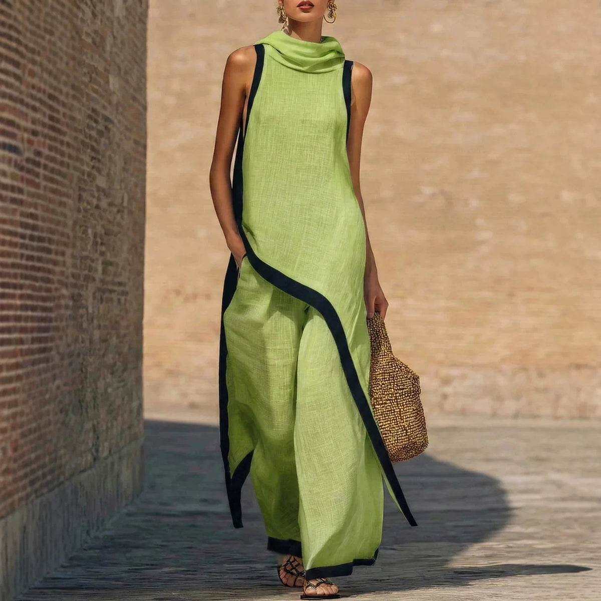 2026 New European American Women's Two-Piece Set: Solid Sleeveless Blouse with High Waist Pants, Elegant Casual Matching Outfit Good Vibrations