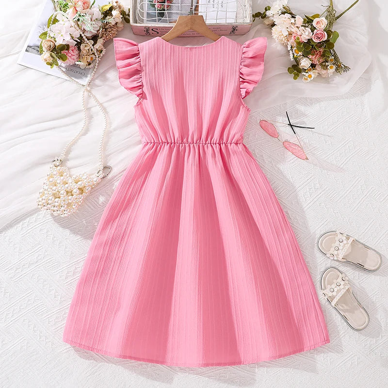 Kids Dresses for Girls 8-12 Years Pink Small Flying Sleeves V-Neck Dress 2024 New Summer Teenager Sweet Casual Daily Dress Good Vibrations