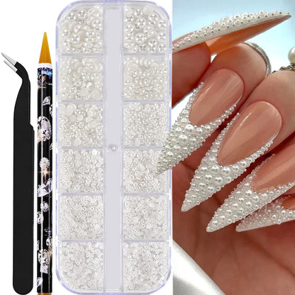 12grids Half Round Pearls Beads 3D Nail Charms 1.5/2/2.5/3/4/5mm White Flatback Pearls Nail Jewelry Nail Craft Pearl Rhinestones Good Vibrations