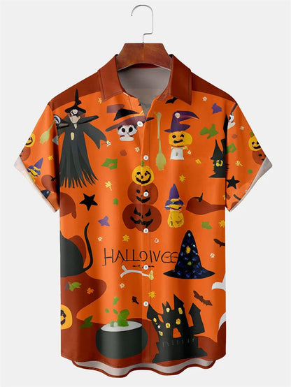 Men's Fashion Halloween Shirt Summer Cute Style Men's Clothing Party Holiday Men Top Pumpkin Head Print Boys' Short Sleeve Shirt Good Vibrations