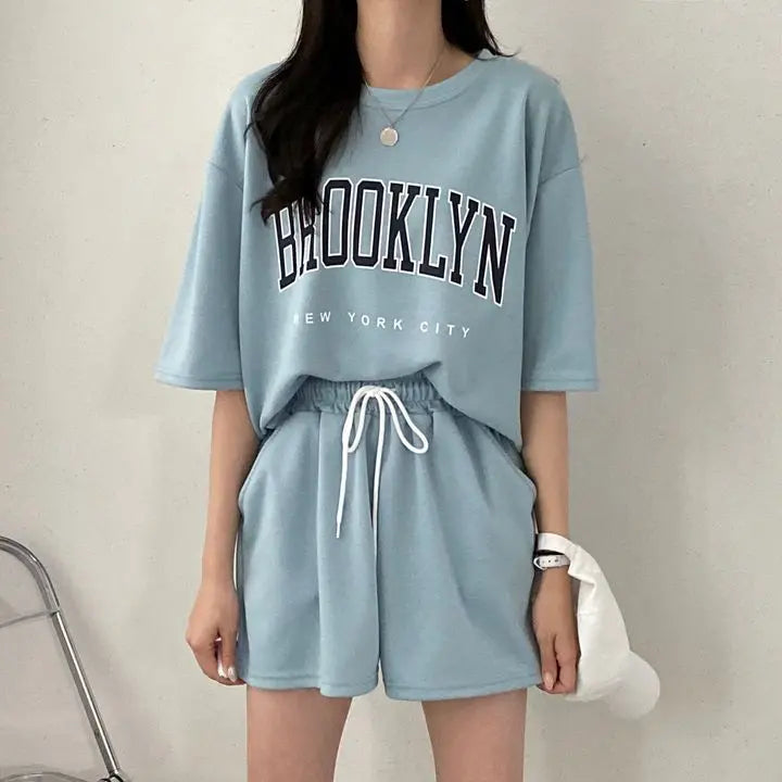 Two Piece Shorts Sets T Shirt Top Shorts Casual Suits 2025 Summer Female Short Sleeve Sporty Outfit Cotton Suit Women Clothing Good Vibrations