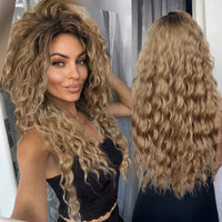 GNIMEGIL Synthetic Long Wave Cur Wigs Female Natural Brown Wig with Clip Free Part Side Bangs 80s Curly Wigs for Women Ombre Wig Good Vibrations