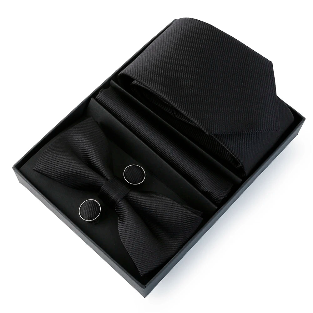 Mens Bussiness Ties Set With Bowtie Bow tie Necktie Square Towel Cufflinks For Groom Wedding Banquet Party Gift Box Accessories Good Vibrations