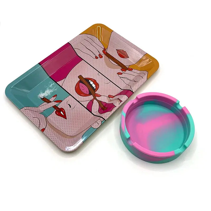 Herb Tinplate Plate with Rolling Tray 180X125MM Silicone Soft Round Ashtray Ash Tray Cigarette Holder Smoking Accessories GOOD Vibrations Adult Super Store