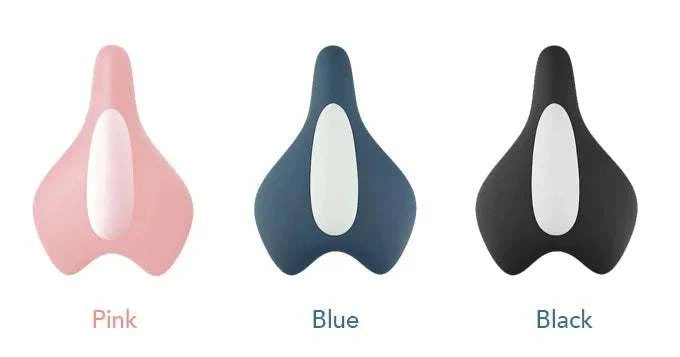 Bicycle seat look-alike massager in pink, blue, and black colors for men and women.