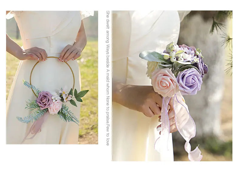 YeeNanee Wedding Gold Hoop Bouquet for Bridesmaids Floral Rose Eucalytpus Metal Ring Wreath Bridal Shower Ceremony Decoration Good Vibrations