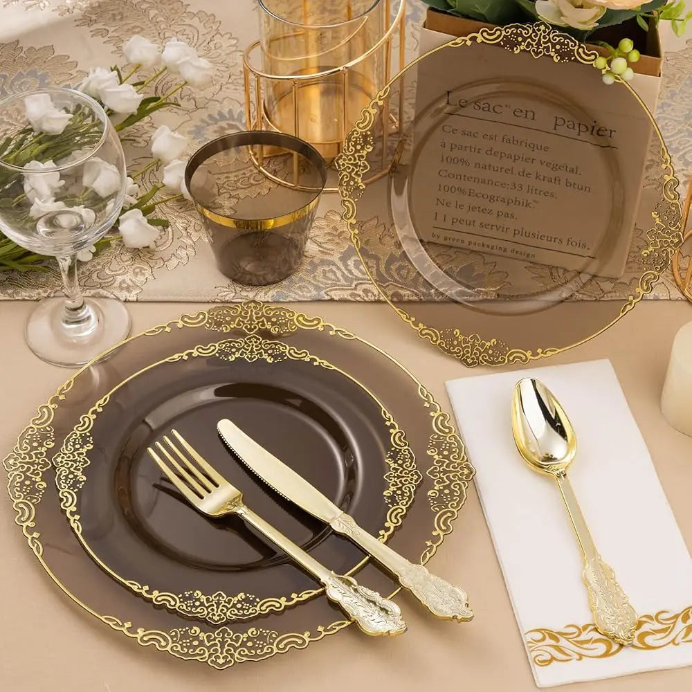 350Pcs Clear Bla Plastic Plates For 50 Guests, Disposable Plates With Gold Trim Lude 50 Dinner And Dessert Plates, 150 Gold Good Vibrations