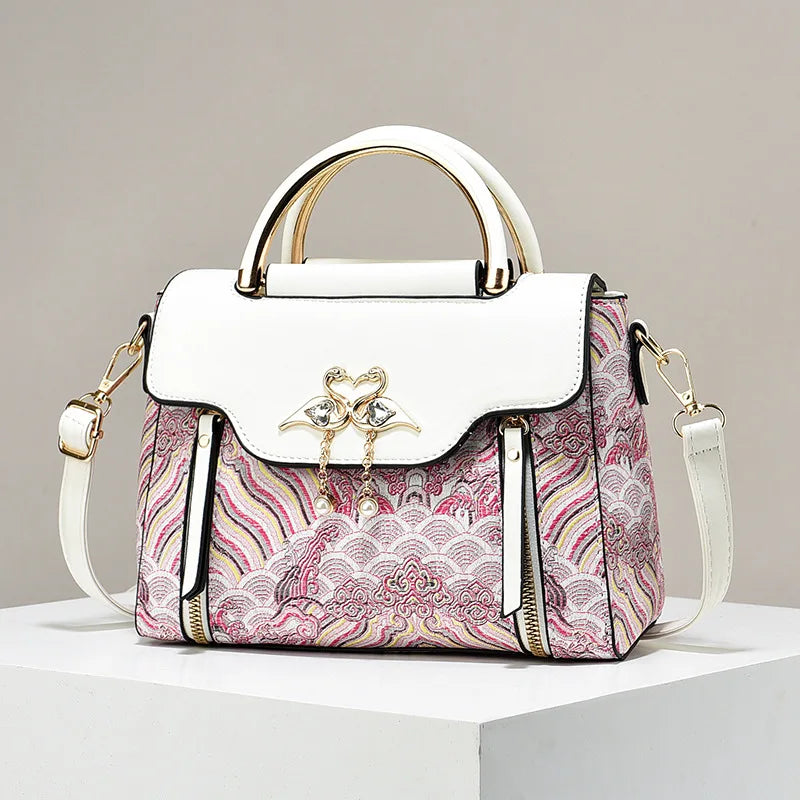 Embroidered Color-Block Handbag Women's Trendy Crossbody Bag Elegant Top-Handle Purse Fashionable Designer Shoulder Bag Lady Good Vibrations