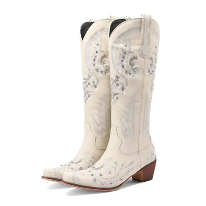 Western Cowboy Knee High Boots for Women Embroidery Flower Rhinestone White Brown Round Toe High Heels Retro Cowgirl Long Boots Good Vibrations