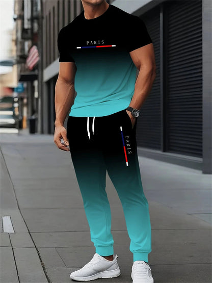Men's Spring/Fall Two-Piece Set Crew Neck Short Sleeve Top With Relaxed Fit Casual Pants Outdoor Streetwear Minimalist Style Set Good Vibrations
