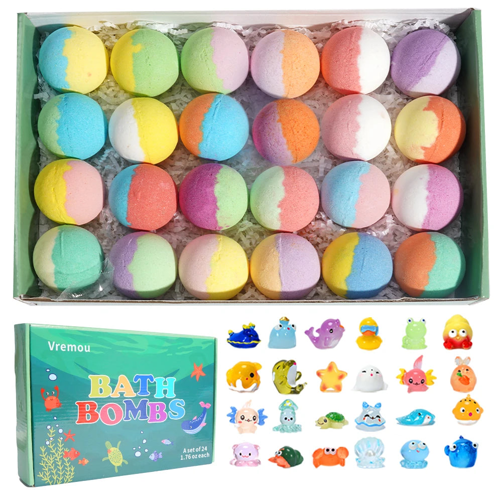 Bath Bombs for Kids with Surprise Inside, 24 Pack Kids Bath Bombs Gift Set, Natural Organic Kids Bubble Bath Fizzy for Girls Boy Good Vibrations