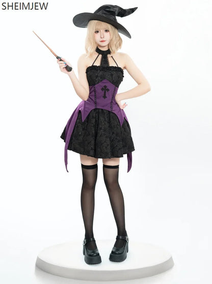 Halloween Witch Costume Role Play Costume Adult Carnival Party Evil Wizard Dress Hat Top Skirt Sleeves Women's Fancy Dress Suit Good Vibrations