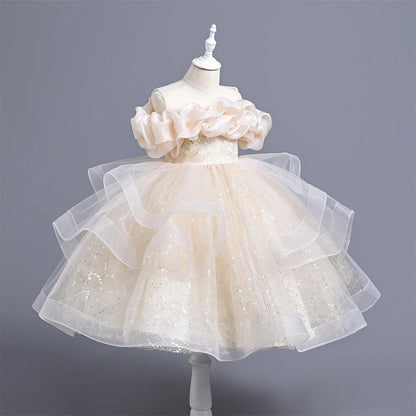 New Girl's Wedding Evening Dress Petal Sequin Mesh Sleeveless Dress Birthday Party School Graduation Party Dress Good Vibrations