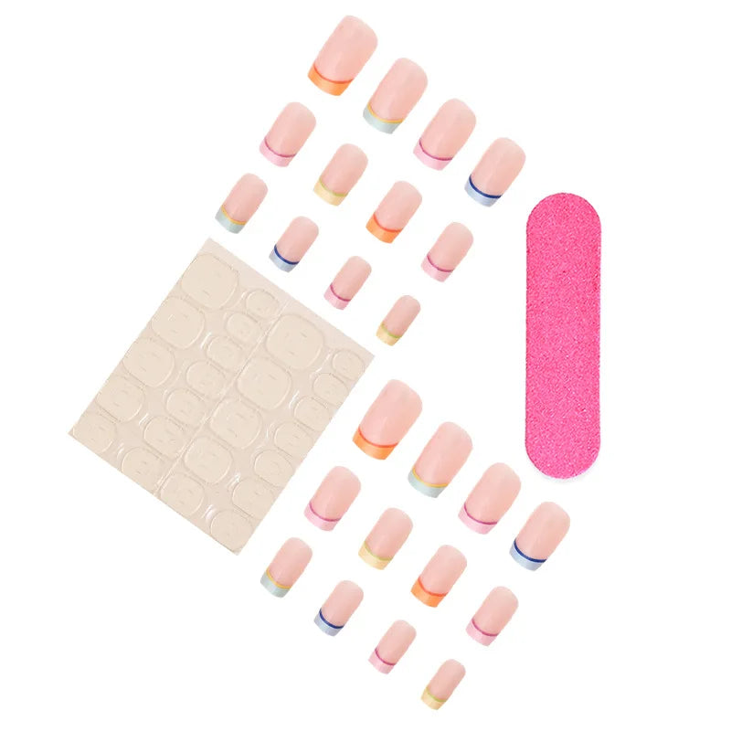 Pink French Style Fake Nails Pink Gradient Press on Nails Sweet Girls Charms Manicure Square Head Ballerina False Nails Patches Good Vibrations