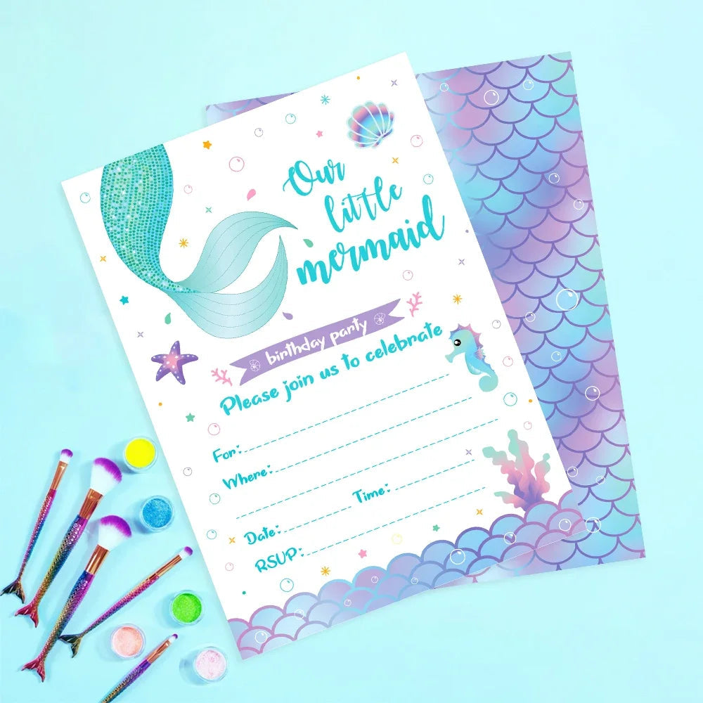 12pcCartoon Mermaid Shell Invitation Letter Girls Wedding Birthday Party Single Page Greeting Cards Baby Shower Party Decoration Good Vibrations