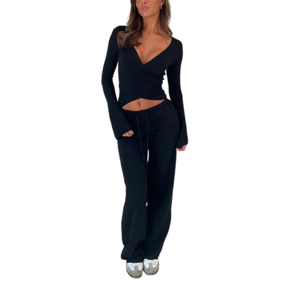 Women Fashion Lounge Set Vintage 2 Piece Outfit V Neck Waist Tie T-shirt + Elastic Waist Pants Autumn Long Sleeve Crop Tops Good Vibrations