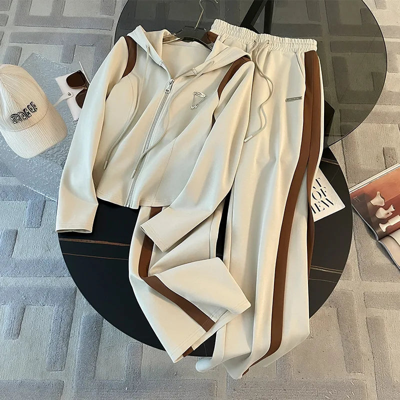 Woman's Hooded Casual Two-piece Set Fashion Zipper Long Sleeves Coat Lace-up Long Pant Suit Autumn Winter Ladies Office Outfit Good Vibrations