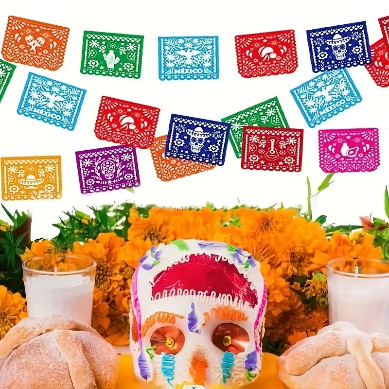 3PCS Mexican Party Decor Set, Vibrant Papel Picado Bunting-Plastic Fiesta Garland for Cinco De Mayo, Wedding, Birthday Carnival Good Vibrations