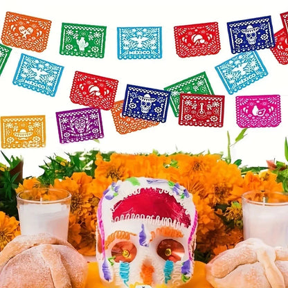 3PCS Mexican Party Decor Set, Vibrant Papel Picado Bunting-Plastic Fiesta Garland for Cinco De Mayo, Wedding, Birthday Carnival Good Vibrations