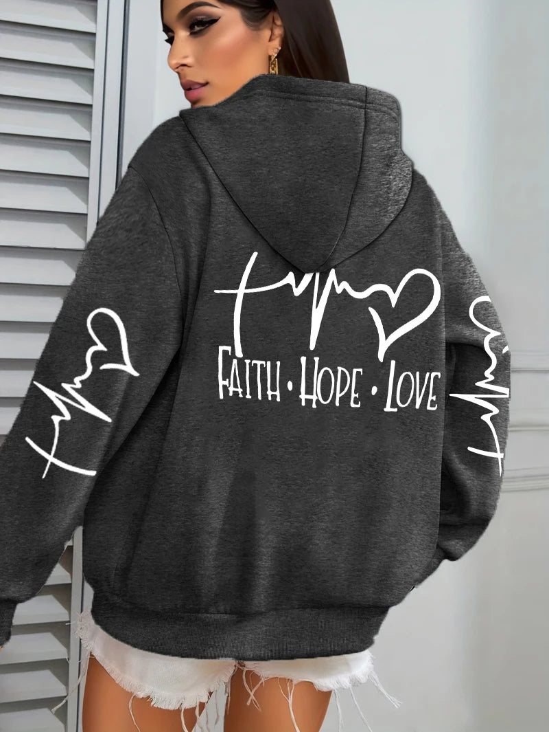 Faith Hope Love Letter Graphic Printed Women Hoodies Fleece Harajuku Hoody Casual Loose Y2K Clothes Pocket Autumn Pullover Good Vibrations
