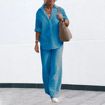 Two-piece Set Women Summer Suit Plus Size Cotton Linen Single-breasted Shirt Trousers Casual Top Wide Leg Pants Loose Outfits Good Vibrations