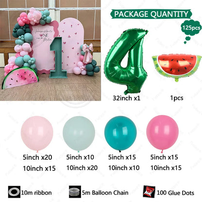 125pcs Summer Fruit Themed Party Decoration Green Number Birthday Balloon Set Red Watermelon Balloon Birthday Photo Background Good Vibrations