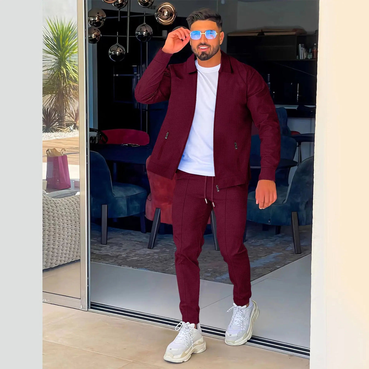 Autumn Winter Men's Casual Blazer Set New Fashion Waffle Baseball Suit Round Neck Pocket Zipper Long Sleeve Trousers Two-Piece S Good Vibrations