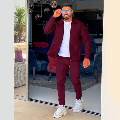 Autumn Winter Men's Casual Blazer Set New Fashion Waffle Baseball Suit Round Neck Pocket Zipper Long Sleeve Trousers Two-Piece S Good Vibrations