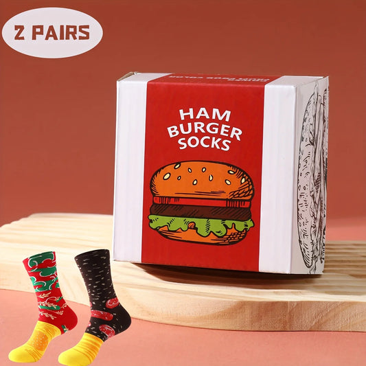 Two pairs of colorful burgers patterns men and women on the eve of Halloween Give Friends Socks Four Seasons Autumn and Winter Good Vibrations