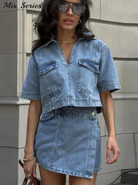 Denim Irregular Hem Skirt Shorts Set Women Slim Short Sleeve V Neck Crop Tops High Waist Shorts 2025 New Female Y2k Streetwear Good Vibrations Adult Super Store