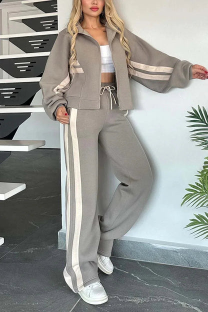 2025 Autumn Winter New Two-piece Set Women's Zipper Striped Loose Jacket Outwear And High Waist Side-striped Pants Sports Sets Good Vibrations