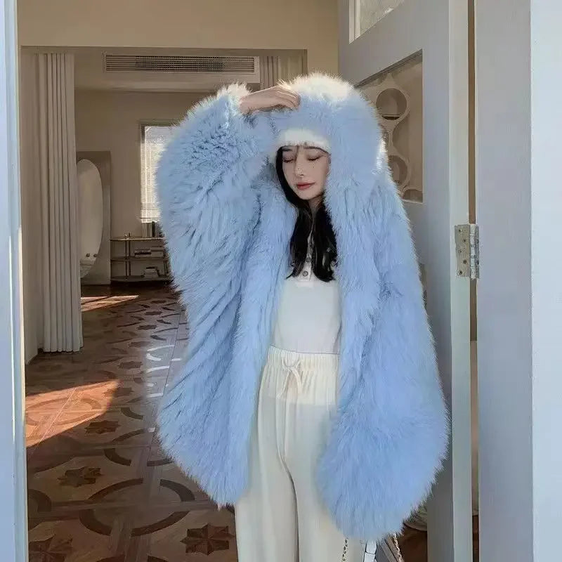 Faux Fur Jackets for Women Autumn Winter Short Bat Maxi Hooded Coats Warm Thick Coat Loose Open Stitch Jacket Y2k Streetwear Good Vibrations