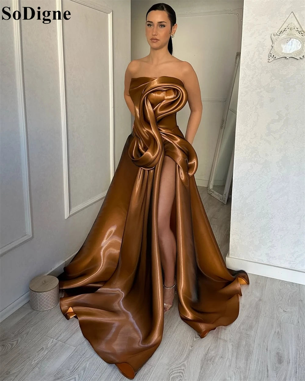 SoDigne Elegant Brown Evening Dresses A-Line Draped High Split Ruffles Strapless Long Party Dress Modern Prom Gowns Customized Good Vibrations